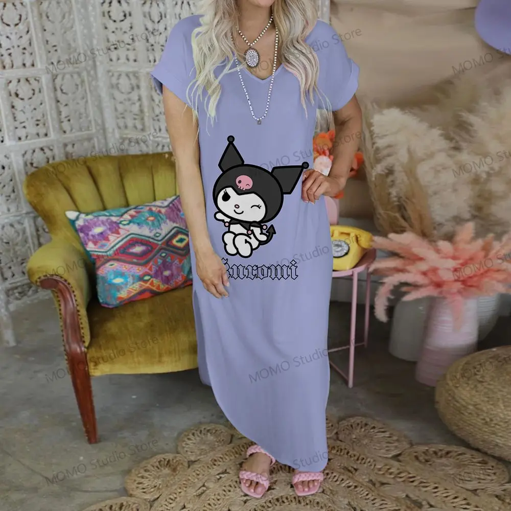 Kuromi  Long Dresses V-neck Robe Cheap Clothes Kawaii Lovely Fashion Summer Woman Dress Streetwear Elegant Gowns 2024 S-2XL Y2k