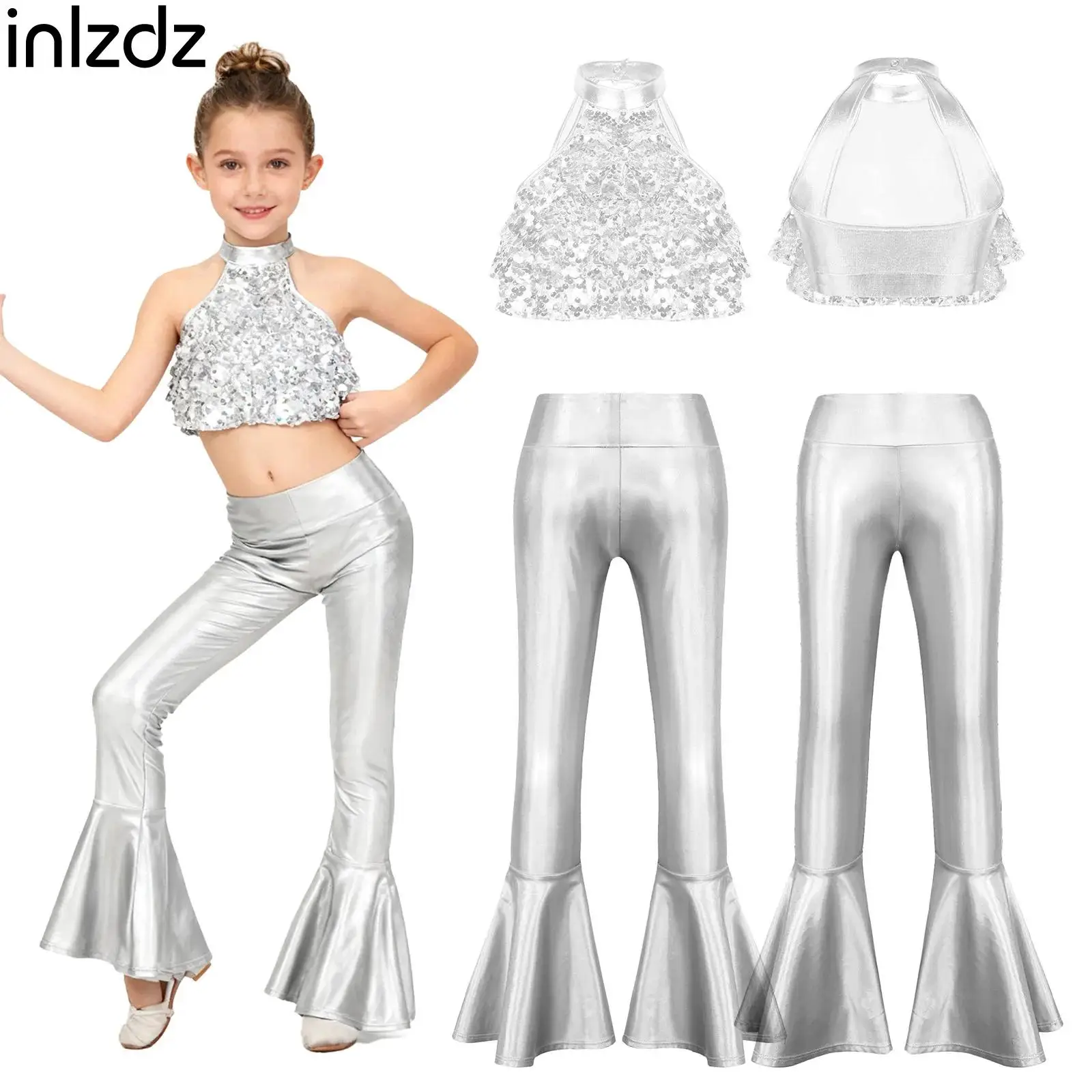 

2Pcs Kids Girls Jazz Dance Sets Sleeveless Shiny Sequin Crop Top with Pants Suit for Tango Latin Dancing Performance Prom Party