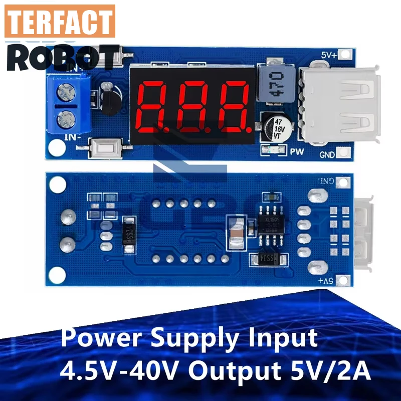 TERFACT ROBOT DC-DC Step Down Module Two-wire Voltmeter 5V USB Charger or Power Supply Input 4.5V-40V Output 5V/2A