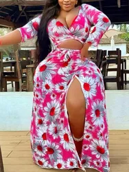 LW Plus Size skirt set Print High Split Skirt Set Women Elegant Skirt Two Piece Set Female Sexy Deep V Neck Top + maxi dress set