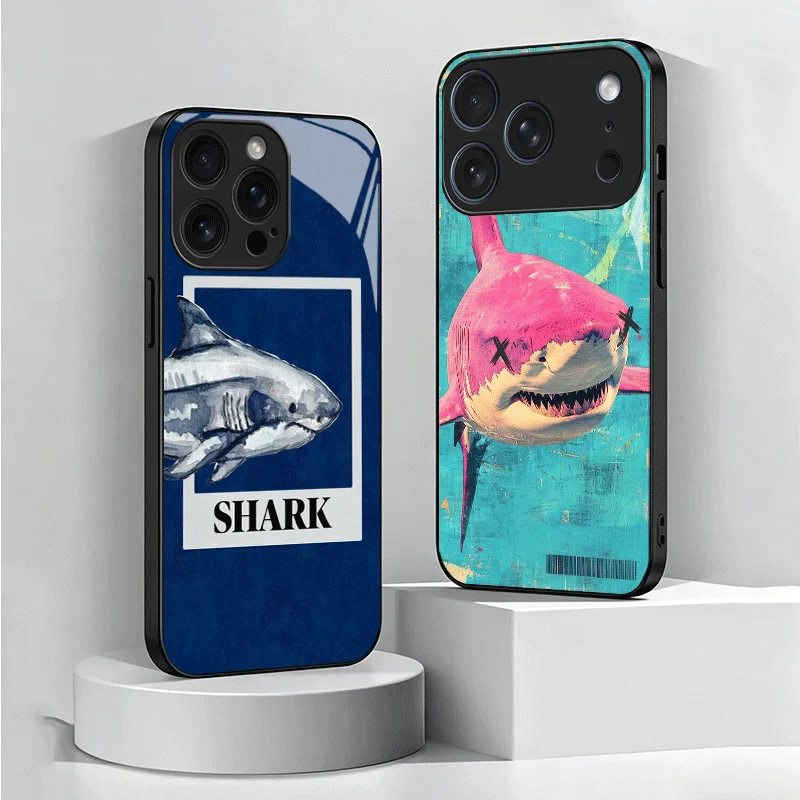 Doodle Style Shark Collage Tempered Glass Phone Case for Samsung Galaxy A17 A16 A15 A14 A13 A57 A56 A55 A54 A53 A37 A36 A35 A34