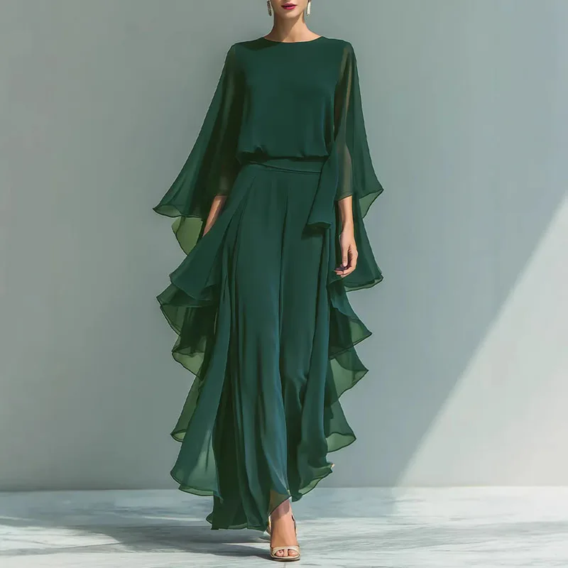 2026 Spring Casual Solid Chiffon 2 Piece Set Woman Elegant O Neck Flare Sleeve Top & Wide Leg Trousers Suit Ruffle Summer Outfit