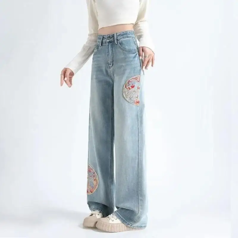 Embroidered High Waisted Jeans for Women Spring New Loose Straight Leg Pants for Women Blue Washed Jeans 2024