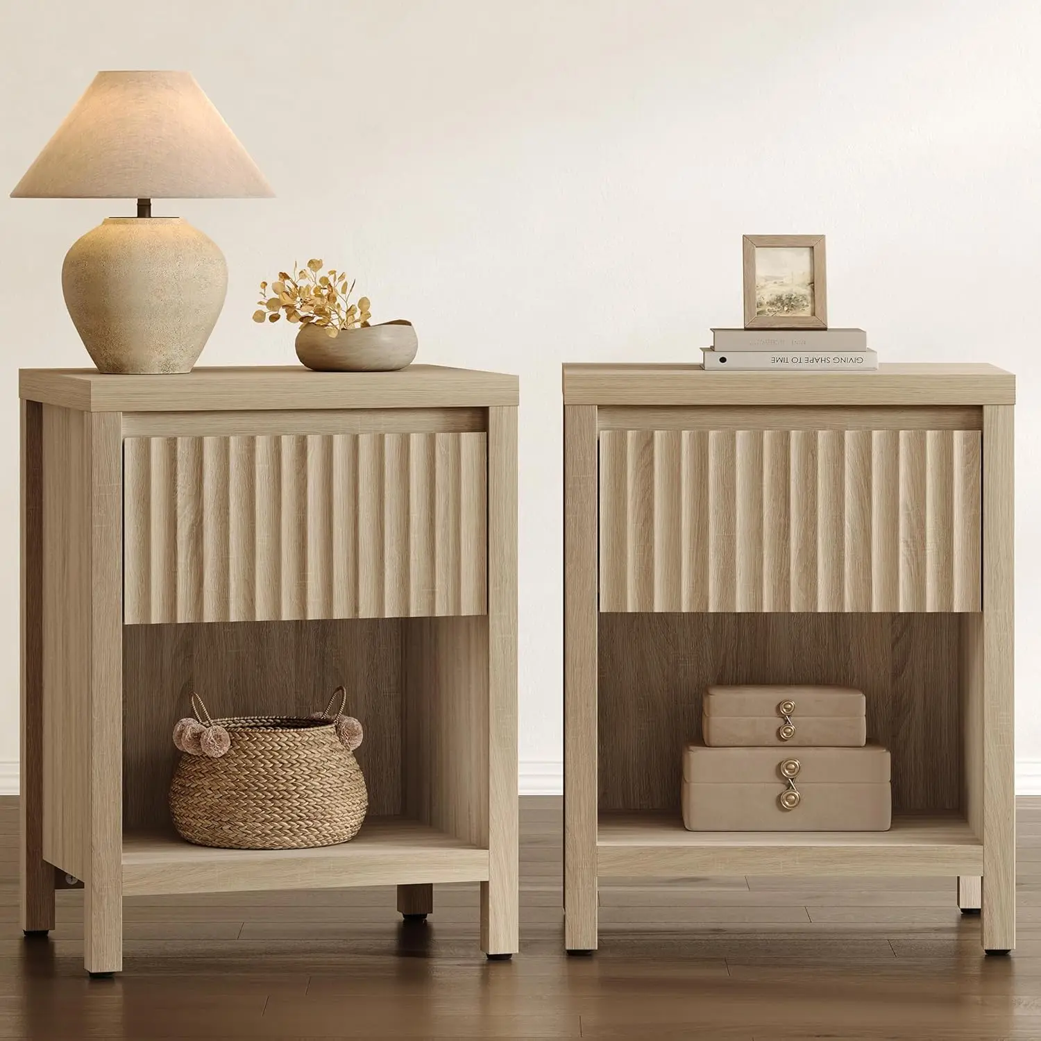 Fluted Night Stand Set of 2, Farmhouse Nightstands with Drawer, Boho Bedside Table with Storage Shelf, Large End Tables Bed Side