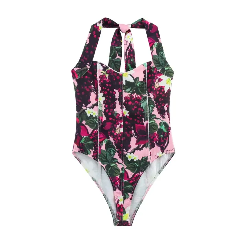 

TRAF Printed Halter Bodysuit Women Slim Camisole With Neck Ties Back Zipper Female Chic Tops