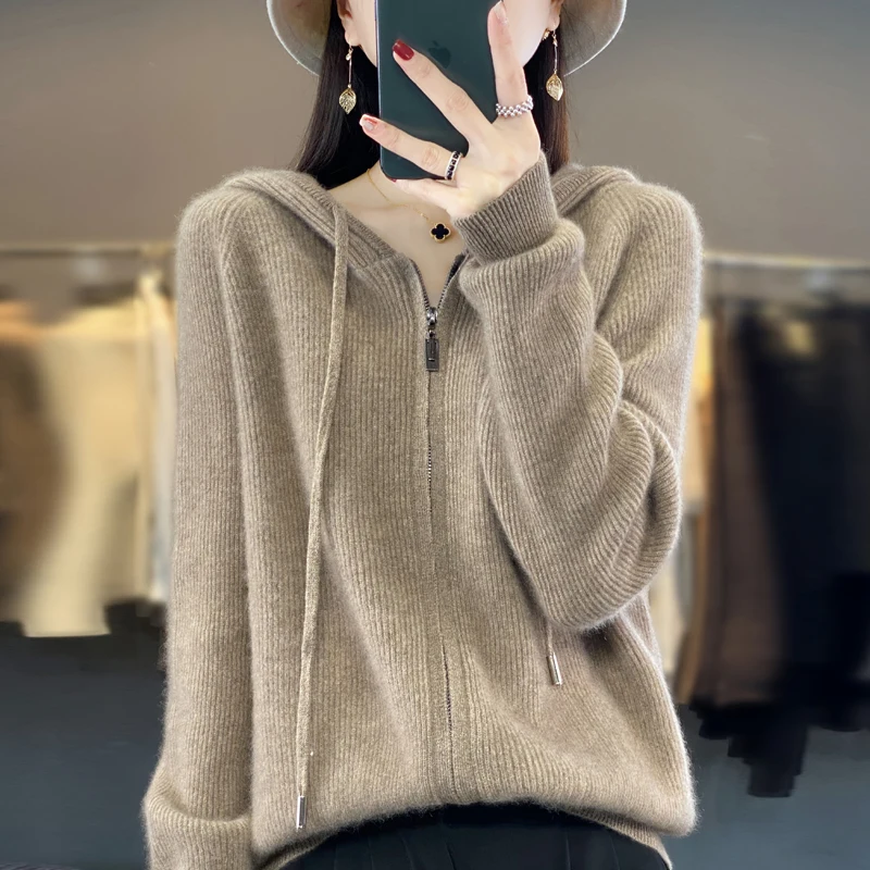 Autumn/Winter New 100% Merino Wool Clothing Women\'s Hooded Zipper Cardigan Casual Loose Knitted Underspool Jacket Korean Tops