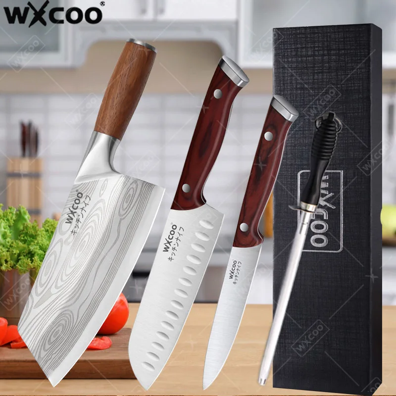 WXCOO Edelstahl Japanisches Küchenmesser Santoku Schneidemesser Ergonomischer Holzgriff Obstmesser für Küchenzubehör