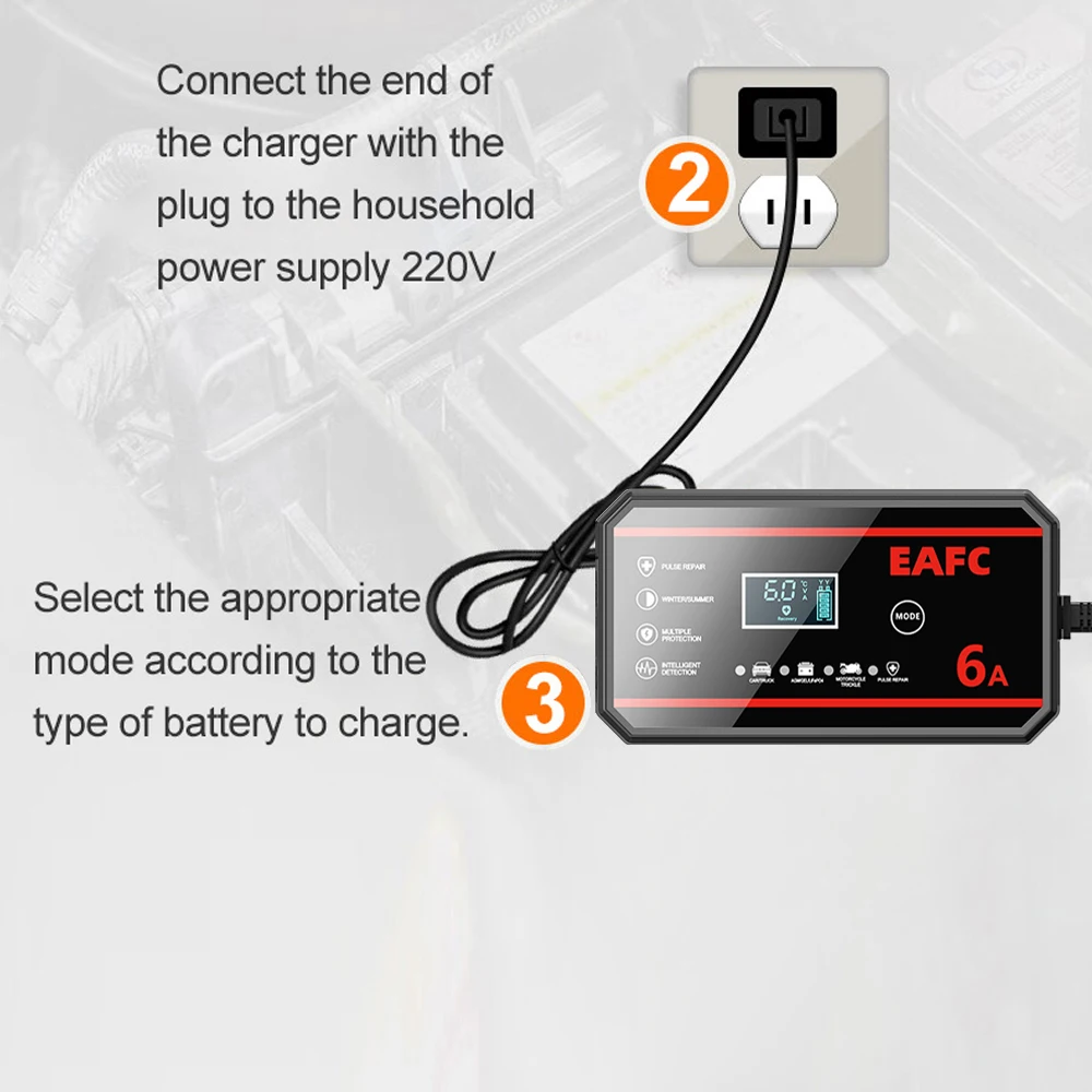 EAFC 6A /8A 12V Intelligentes Autobatterieladegerät Auto- und Motorradbatterieleinheit Blei-Säure-Batterie-Reparatur LCD-Display – Detail 10