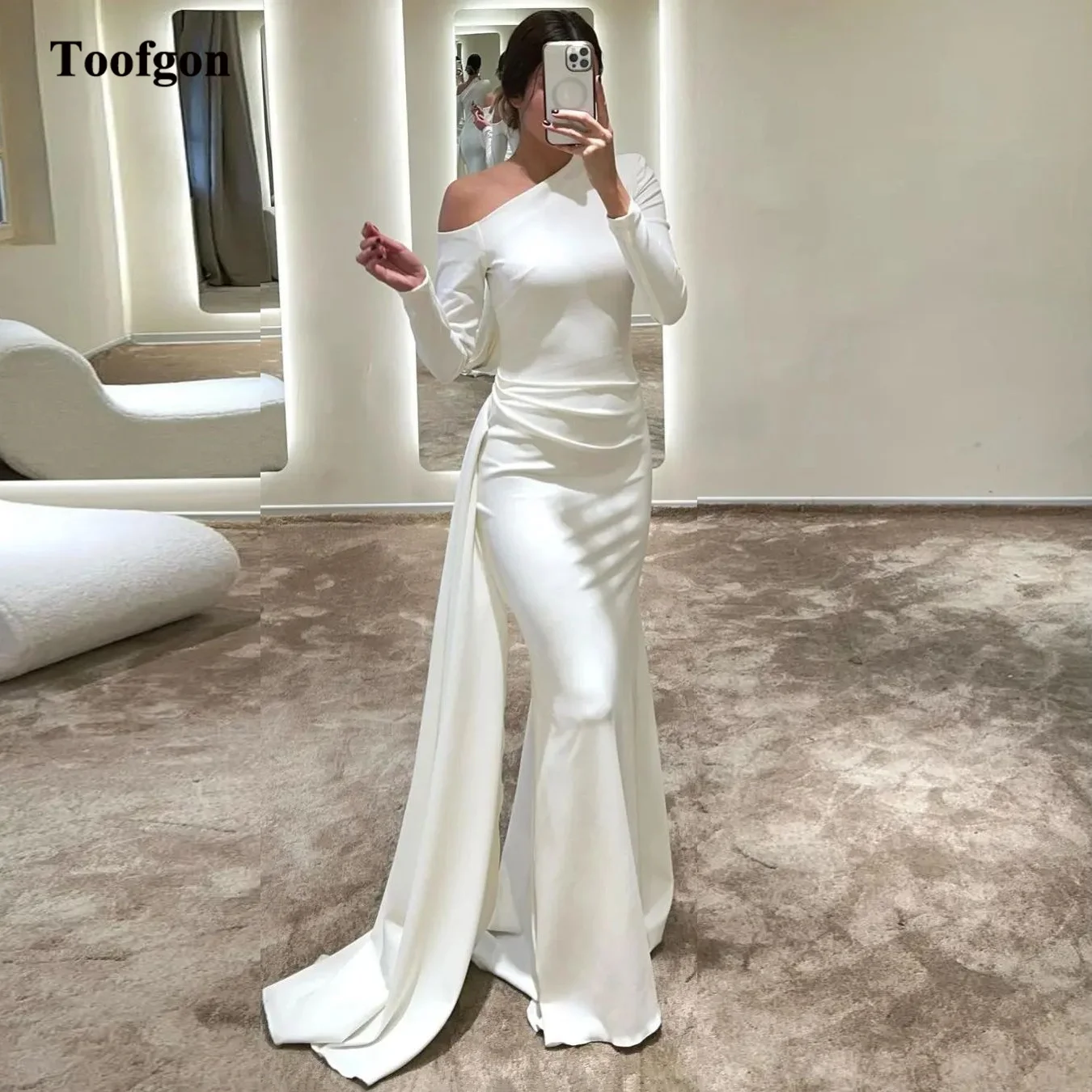 

Toofgon Mermaid Matte Satin Evening Dresses Ivory Long Sleeves Fishtail Women Formal Prom Party Gowns Customized Pageant Dress