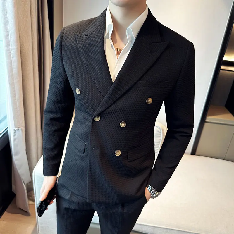 (Blazer+Trousers) Spring Business Casual Suits Uniform Men Streetwear 2-piece set Outerwear Clothing Men Double Breasted Dress