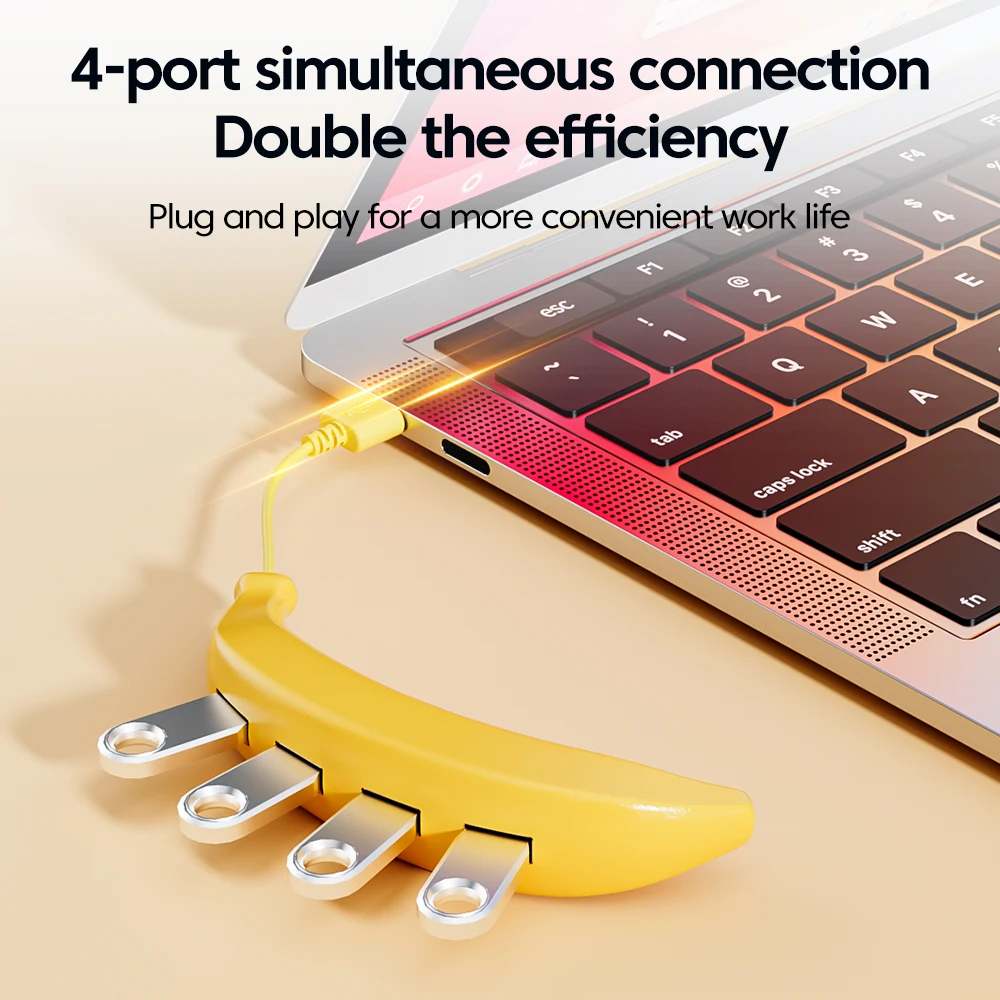 USB 2.0 Hub Multi USB Ports Splitter Hub Power Adapter 4 Port Multiple Expander USB Hub Funny Banana Shape For PC Mac Laptop