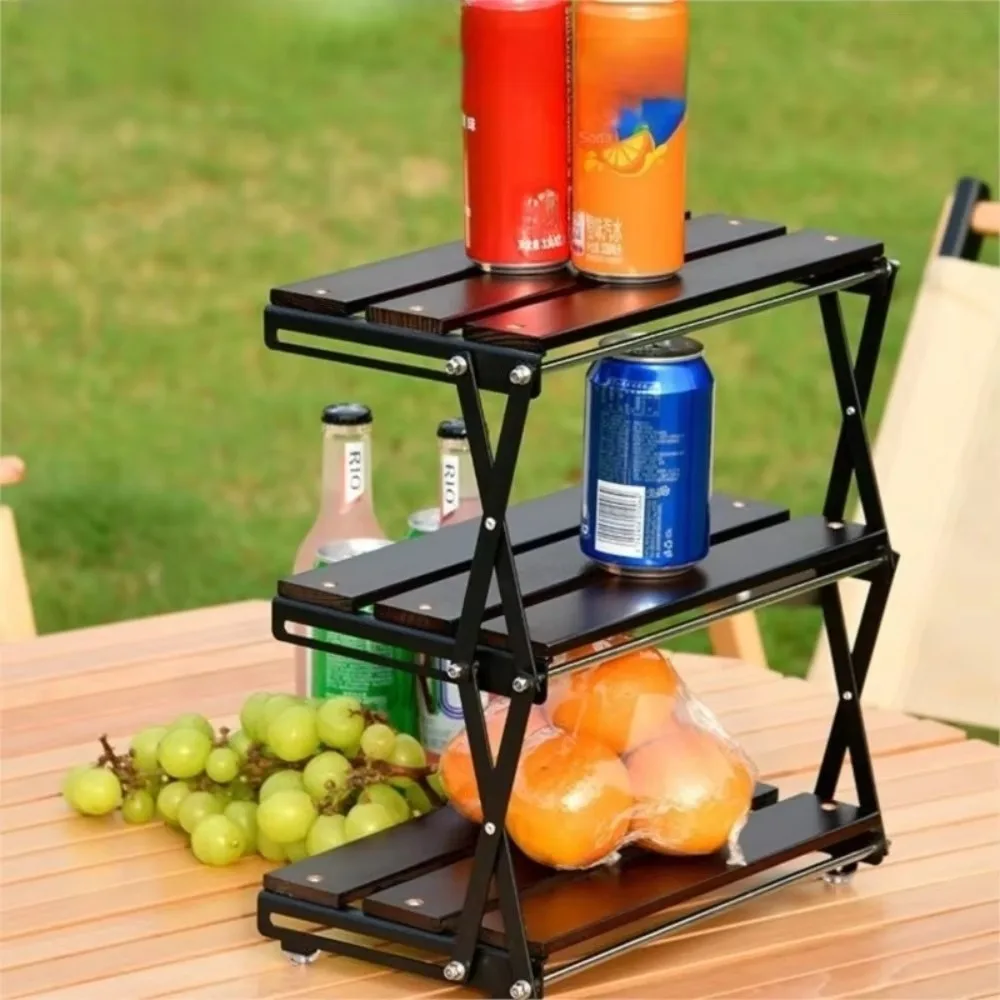 رف محمول قابل للطي للتخييم ، رفوف تخزين خارجية متعددة الوظائف ، خشب متين ، فولاذ مقاوم للصدأ ، رف ثلاثي قابل للطي #3