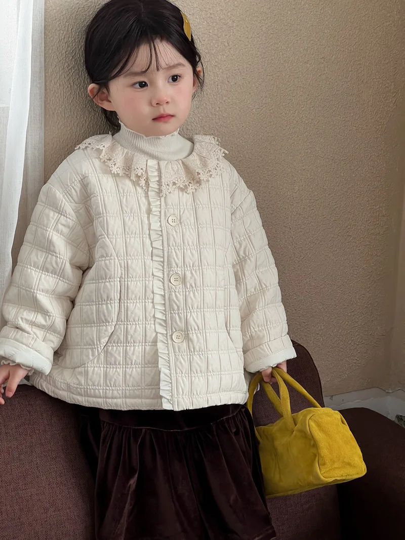 2025 Winter New Children Cotton Padded Jacket Solid Simple Kids Girls Lace Collar Quilted Jacket Thick Warm Coat Baby Clothes