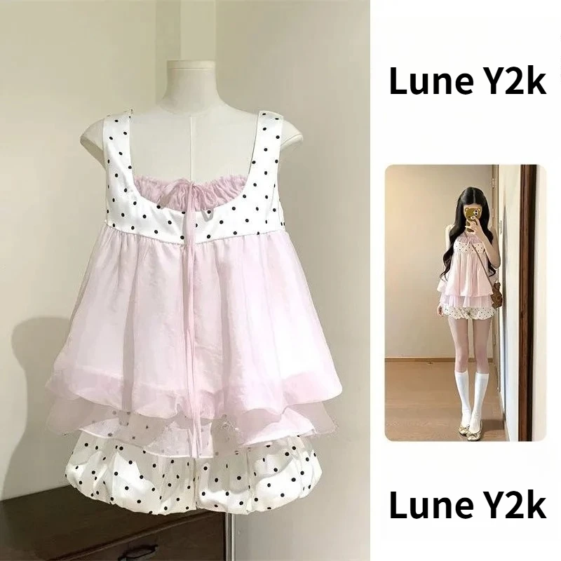 

Sweet Kawaii Elegant Two Piece Outfit Set Women Cute Polka Dot Print Tops + Pants Female Chic Korean Daily Casual Clothes 2026