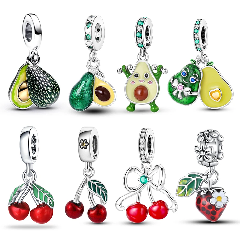 Abalorios Originales de Plata 925 Serie Frutas: Abalorios de Aguacate y Cereza Compatibles con Pulseras Originales de 3mm para Mujer, Regalo de Joyería Fina DIY