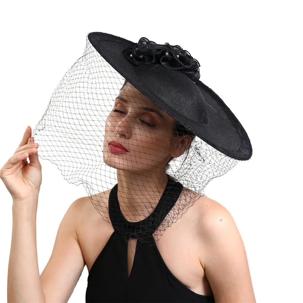 Women Big Derby Headpice Veils Top Pillbox Hat Summer Formal Dress Bride Wedding Fascinator White Hats Party Event Fedora Cap