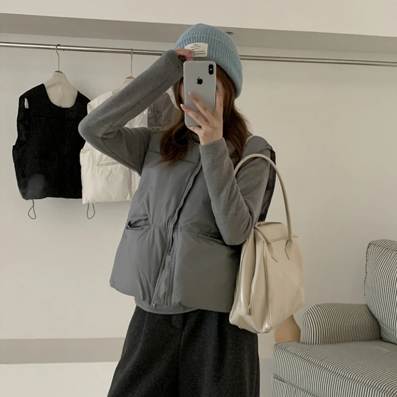 

Women's Short Down Cotton Vest Coats Solid Loose Autumn Winter Thin Slim Cotton Padded Vest Jackets Round Collar Sleeveless Tops