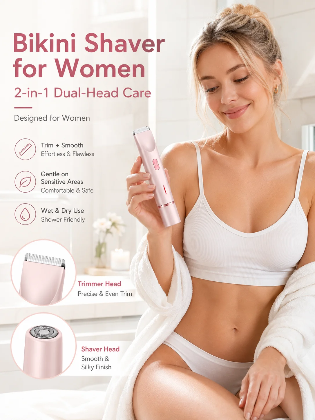 Bikini Shaver for Women Dual Head Electric Shaver Rechargeable Body Trimmer for Underarms Legs Face and Bikini Line