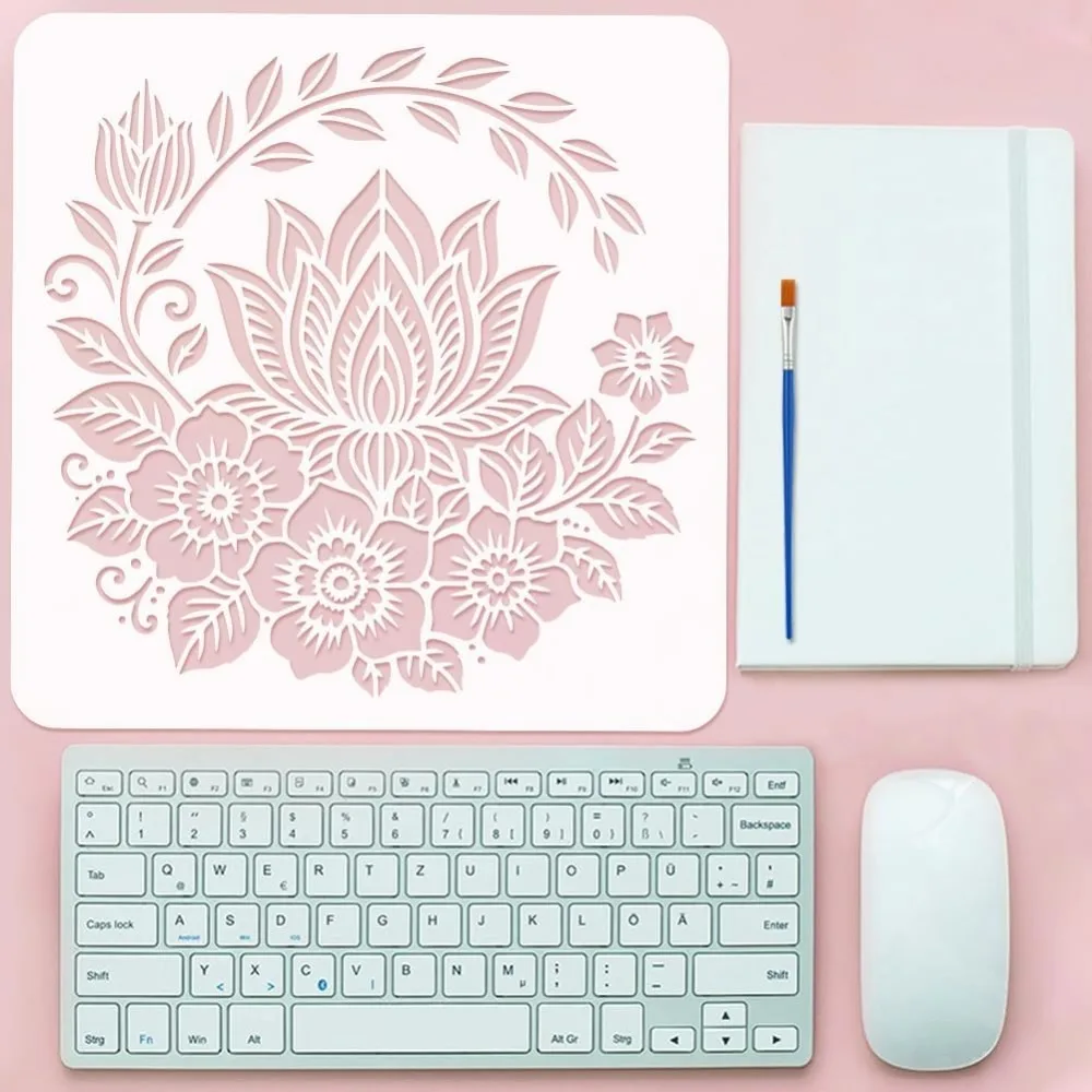 ماندالا لوتس اللوحة الإستنسل مع فرشاة 11.8x11.8 بوصة البلاستيك PET نمط الأزهار رسم قالب أوراق اللوتس المجوفة