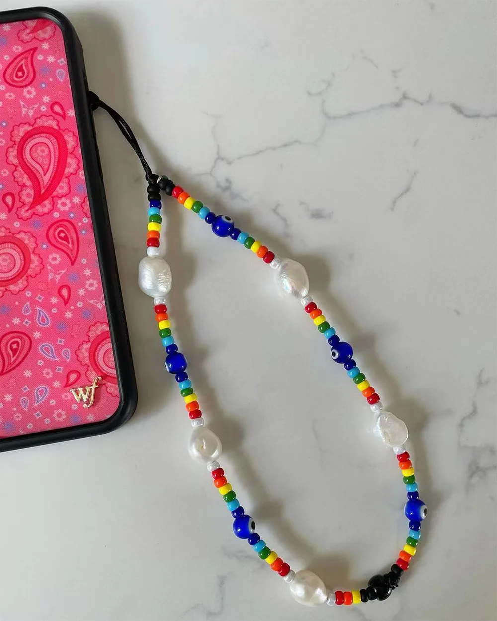 KKBEAD Rainbow Beaded Phone Charm Imitation Pearl Jewelry Pricing Phone Strap Evil Eye Beads Chain for Phone Case Cell Phones