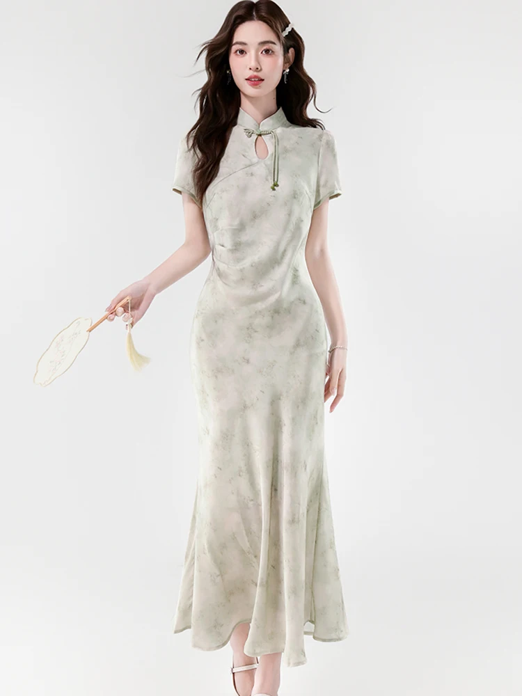 Zomer Groene Print Stand Kraag Cheongsam Jurk Vrouwen Elegante Luxe Verstoorde Maxi Jurk 2025, Koreaanse Vintage Bodycon Feestjurk