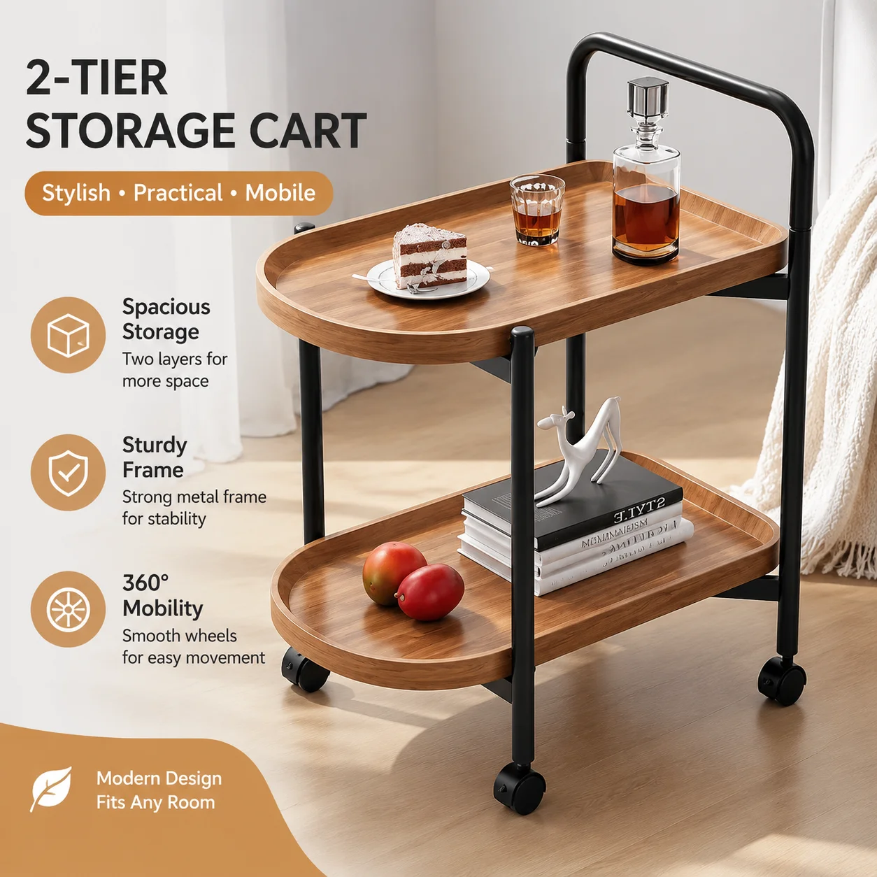 Nordic Style Rolling Side Table, Sofa Table with Wheels - Suitable for Modern Style Home Decor and Storage
