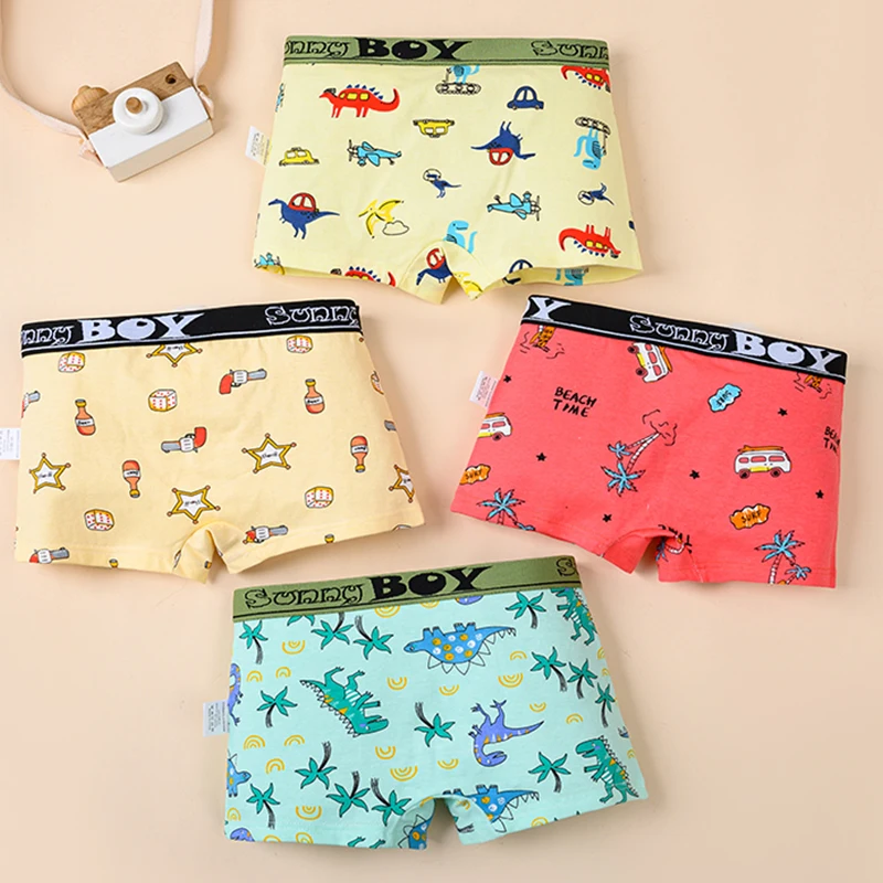 4-Piece High Quality Cotton Boys Underwear Children Boxer Briefs Dinosaur Car Drawing Print Breathable Elastic Kids Boxer Shorts