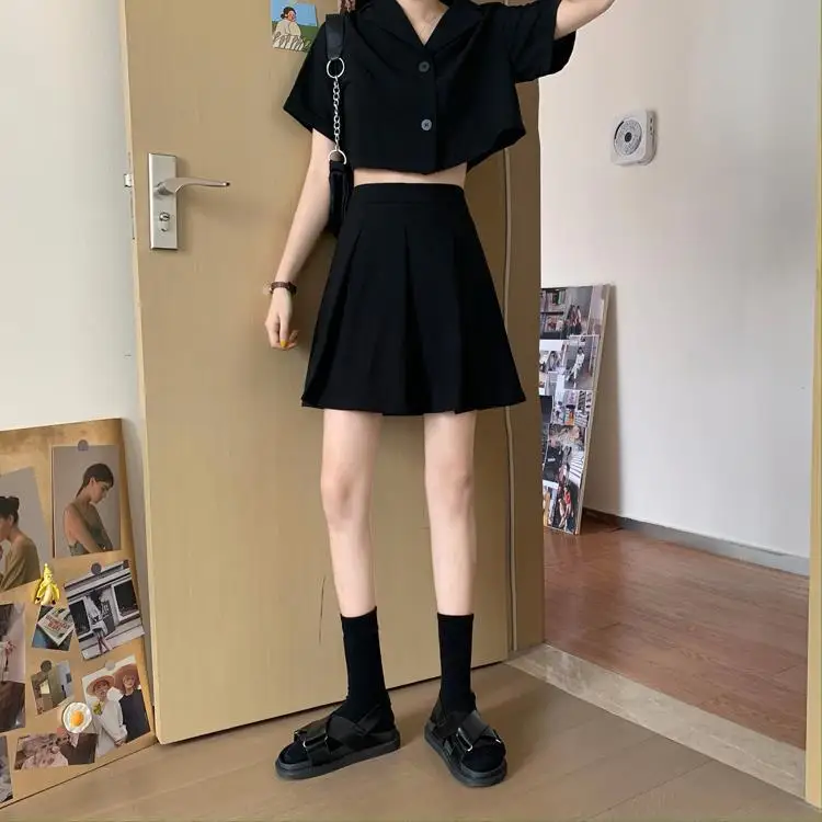 Summer New Korean Fashion Suit Women Set College Style Black Short-sleeved Short Paragraph Top Skirt Two-piece Set Matching Sets