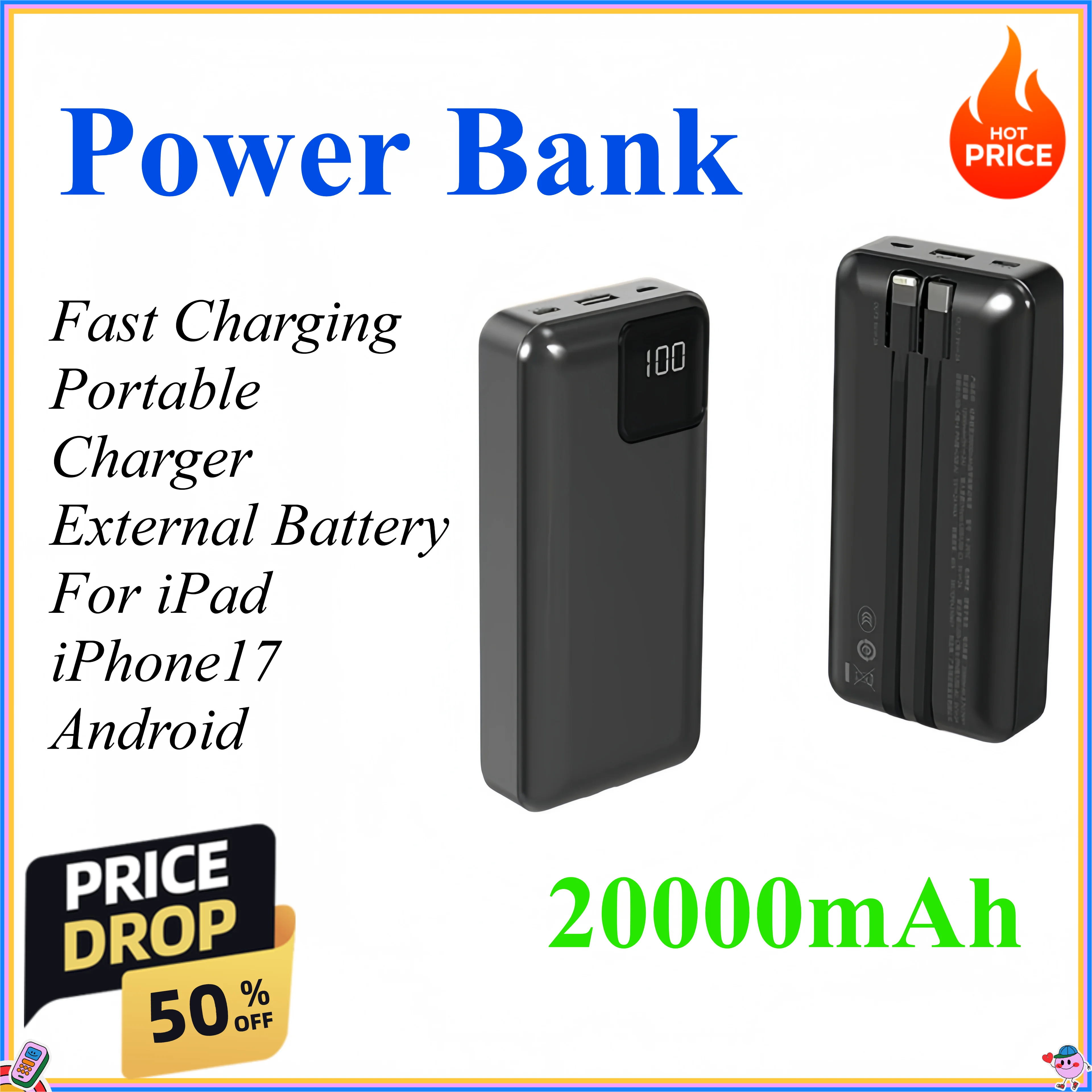 20000mAh Power Bank Fast Charging Powerbank Portable Charger External Battery For iPad iPhone17 Xiaomi