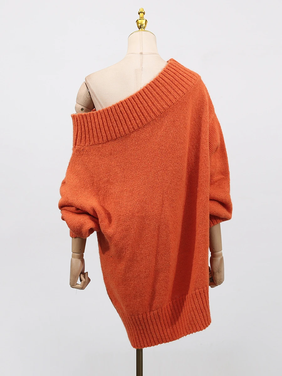 VGH suéter de moda de Color brillante para mujer cuello Diagonal fuera del hombro manga larga suéteres casuales sueltos mujer otoño