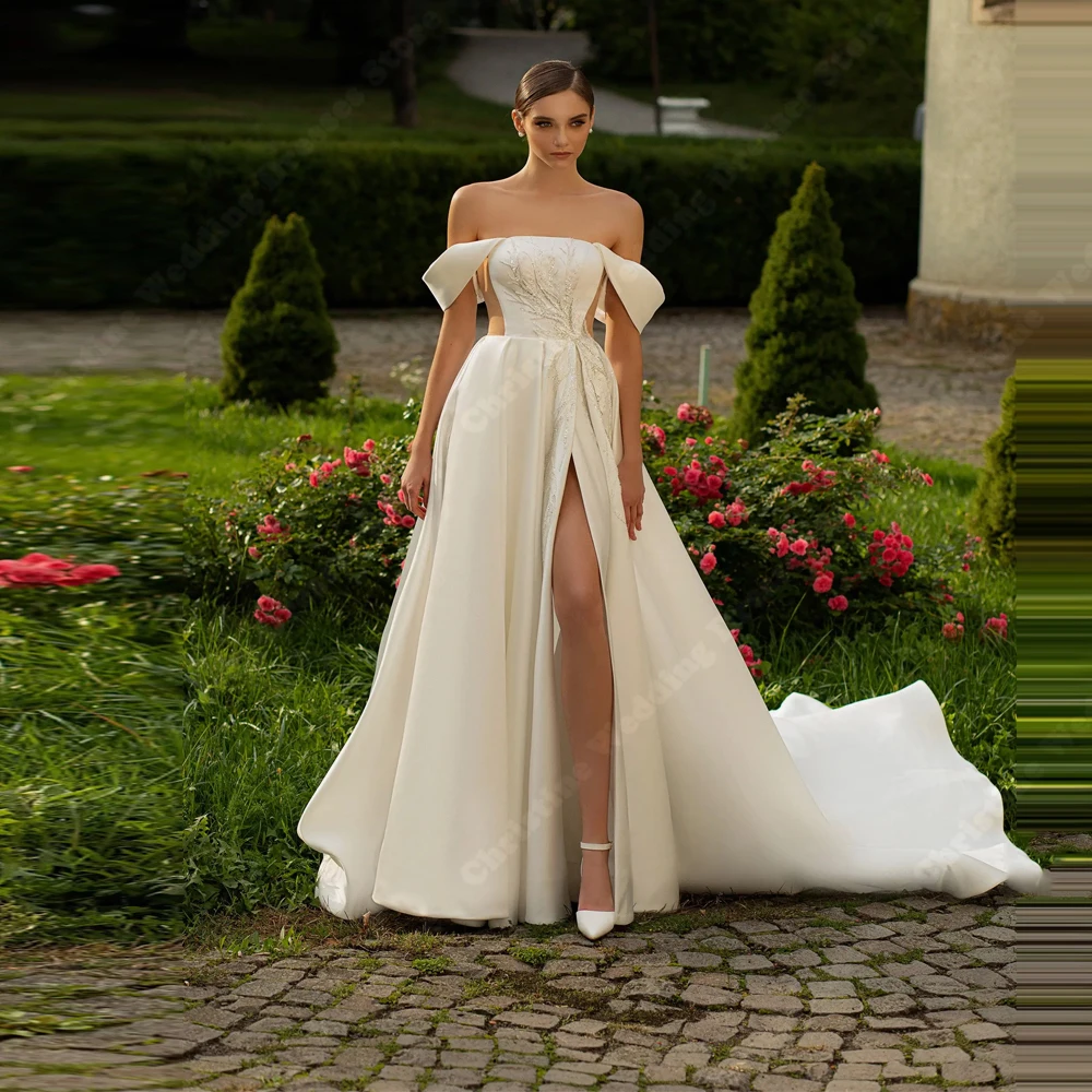 

Off The Shoulder Satin Women Wedding Dresses Sexy Sleeveless A-Line Bridal Gowns Princess Banquet Vestidos De Novias Customized
