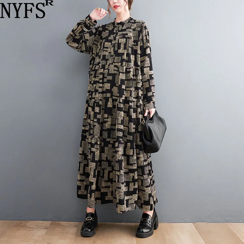 

NYFS 2023 Autumn New Korea Woman Dress Vestidos Robe Elbise Polyester Loose Plus Size Fashion Print Long Sleeve Shirt Dresses