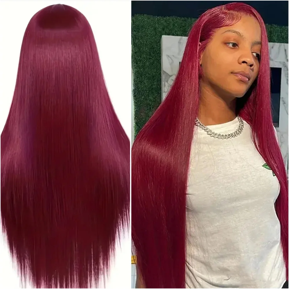 

99J Burgundy 13x6 Hd Lace Frontal 100% Human Hair Wigs Bone Straight Lace Front Wig 200% Density 40 Inches Pre Plucked For Women
