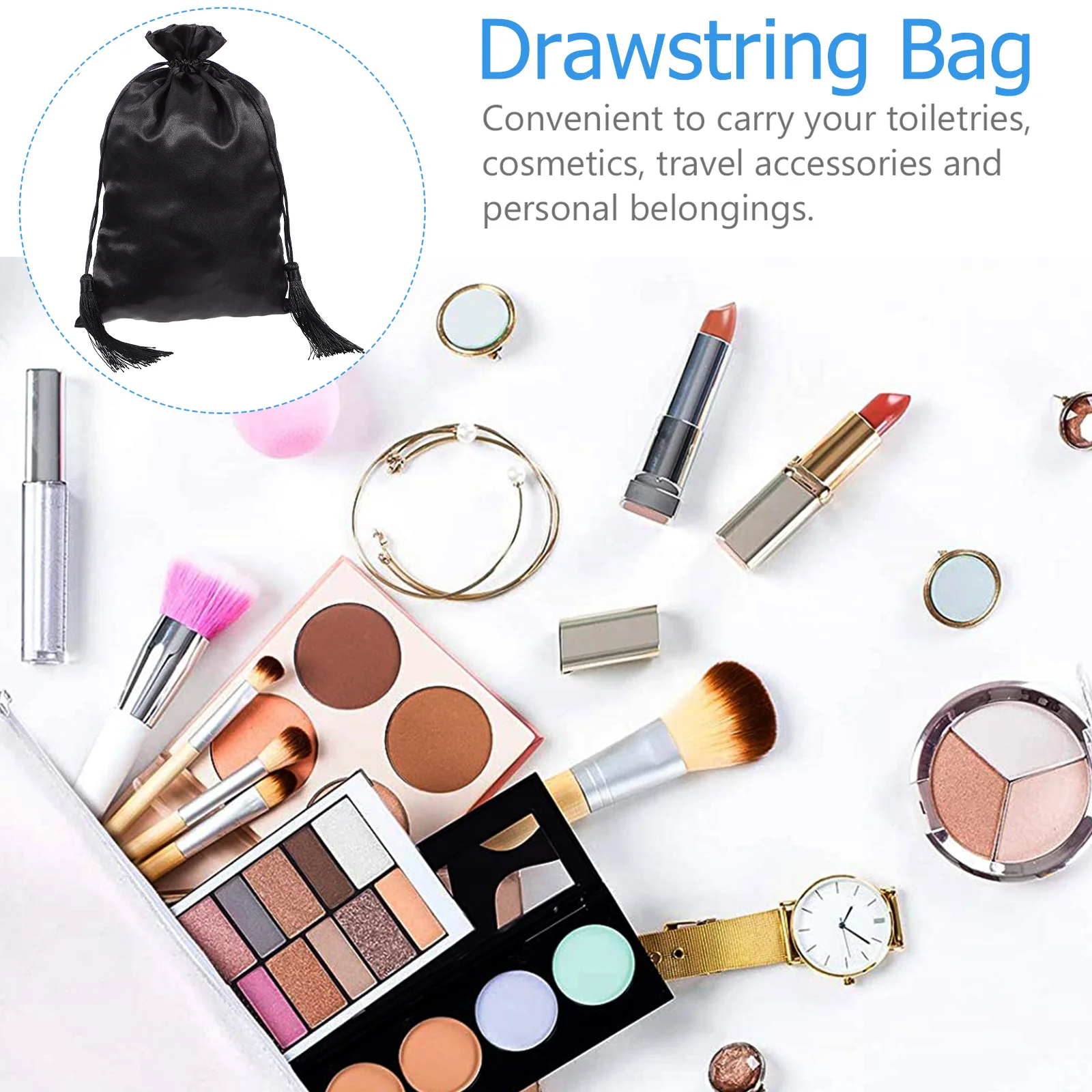 

Drawstring Pouch Black Tassel Closure Durable Storage Bag For Makeup Toiletries Hair Extensions Sundries Portable Organizer
