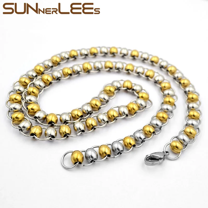 

SUNNERLEES 316L Stainless Steel Necklace 9mm Geometric Beads Link Chain Silver Color Gold Plated Men Women Jewelry Gift SC41