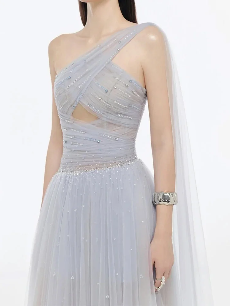

Customized Elegant A-line One Shoulder Tulle Floor length Beads Evening Dress , Front Slit Sequin Prom Dress Evening Dress