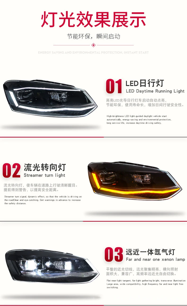 For Volkswagen Polo 2011-18 Car Accessories Headlight Assembly Dynamic Streamer Turn Signal Front Lamp LED Daytime Running Light