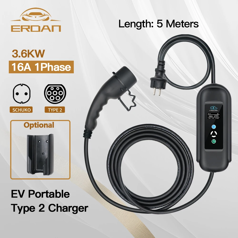 

ERDAN 16A 3.6KW Type 2 Car Charger Wall Box IEC 62196-2 EV Portable J1772 Type 1 Current Adjustable for Electric Vehicles