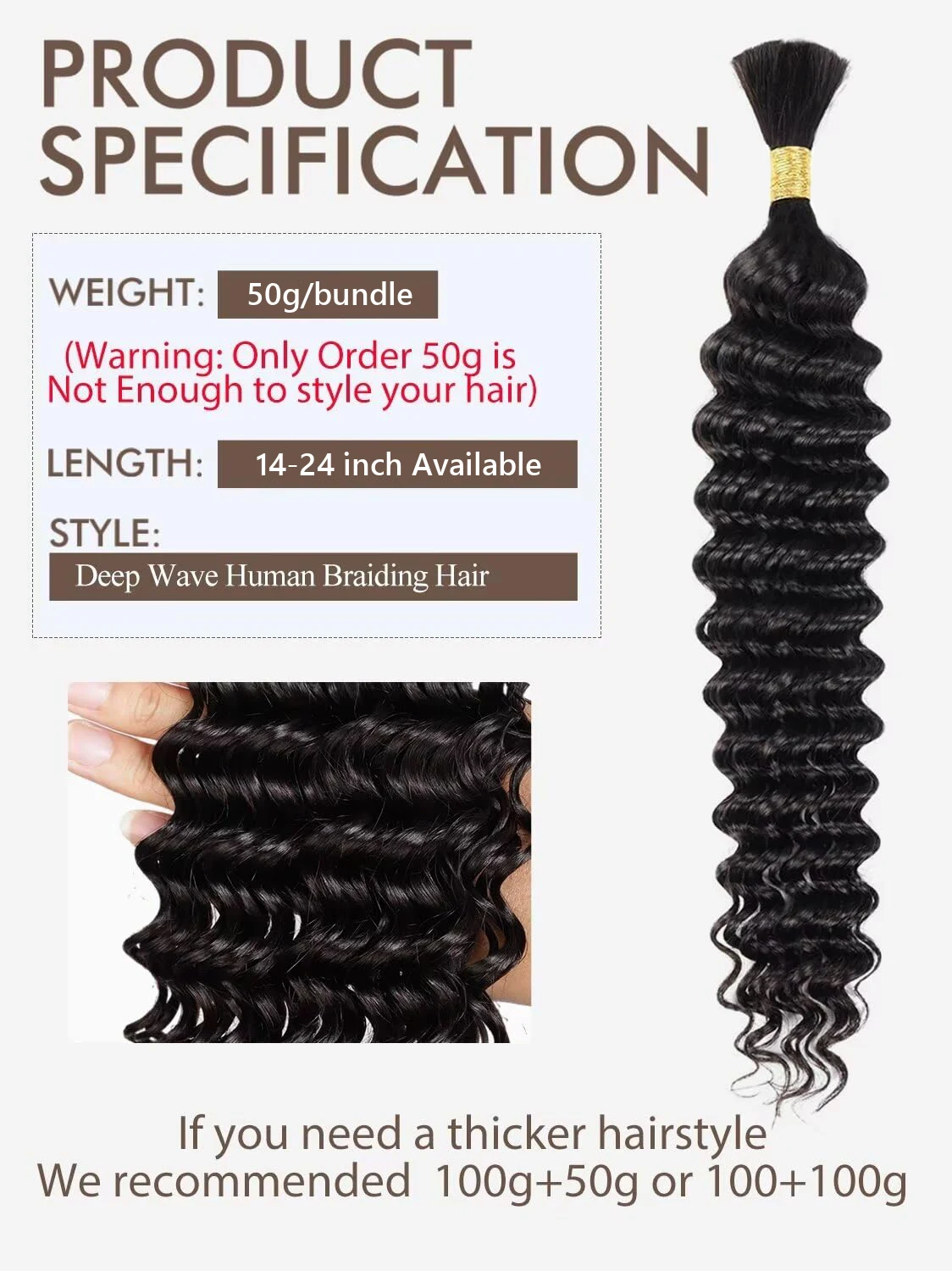 Human Braiding Hair for Boho Braids 22Inch 1 Bundle 50g Deep Wave Bulk Human Hair For Braiding No Weft 12A Brazilian Virgin Hair