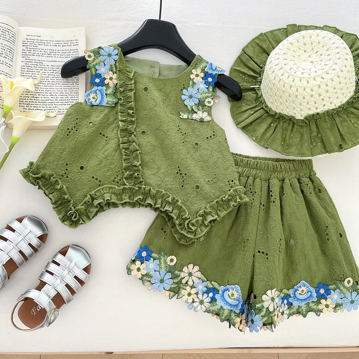 

Girls Floral Suit Set Summer Trendy Fashion Bowknot Ruffles Vest Skirt Sleeveless Backless Tank Top Baby Clothing Two Piece Set