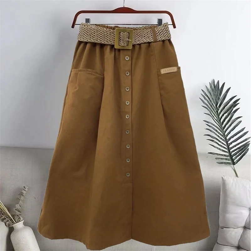 2025 Spring Summer Women Washed Cotton Elastic High-waist Skirt Pocket Belt Solid Long A-line Skirts Split Hem All-match Skirts