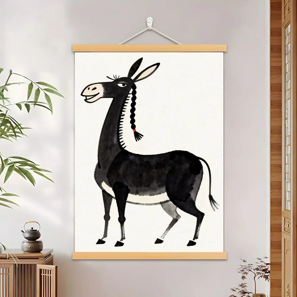 VIKAMA Chinese Ink Donkey Scroll Painting Canvas Wood Frame Wall Art Decor for Living Room Study Office