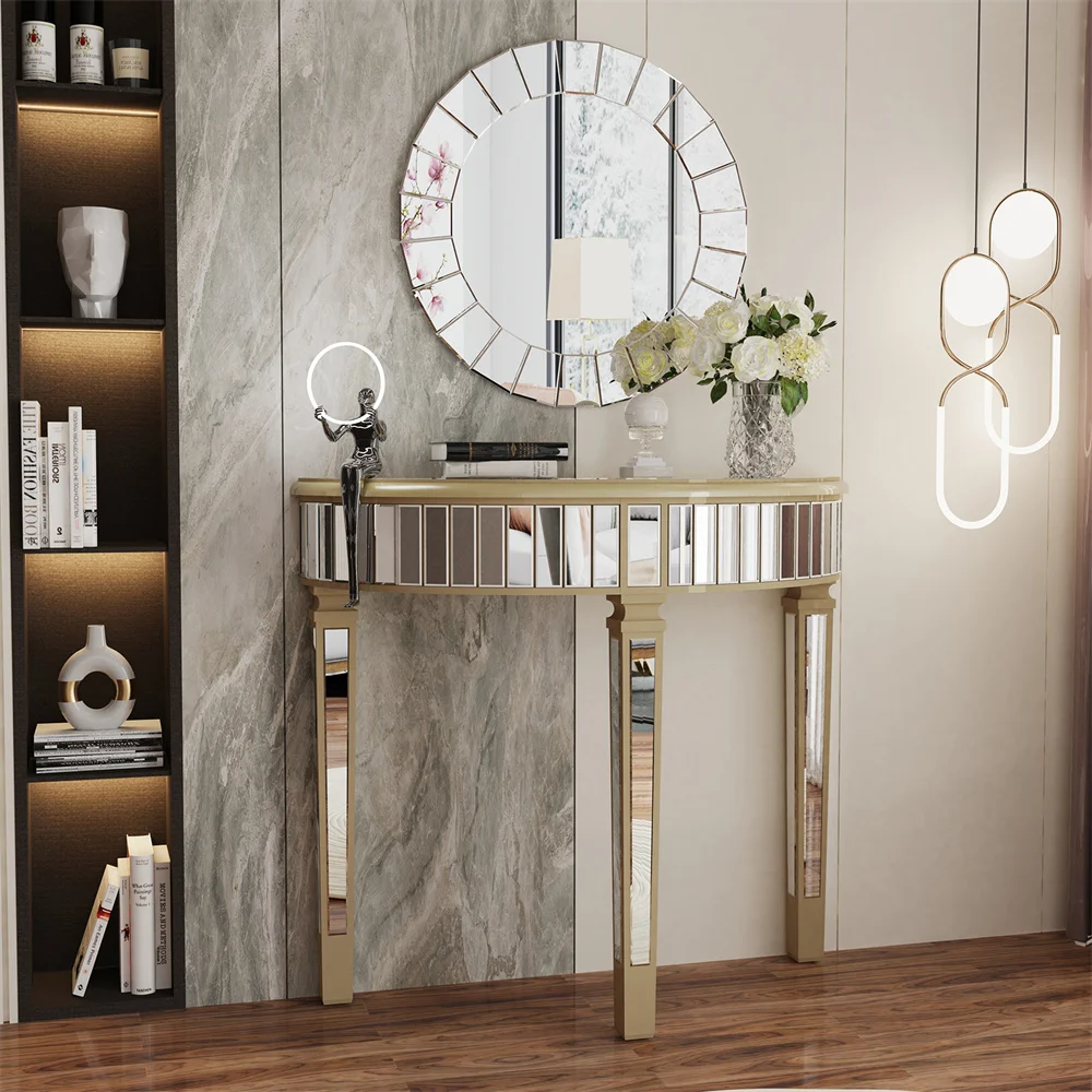 Modern Silver Mirrored Console Table Half-Moon Shape Living Room Entryway Home Office Decor Table for Foyer Hallway