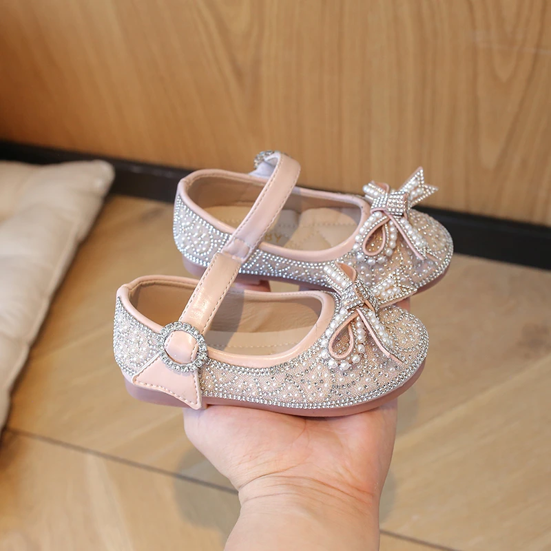 Children\'s Flats Kid\'s Single Shoes Fashion Girls Pink Rhinestone Bow Silver Princess Shoes Students Baby Party Show Shoes