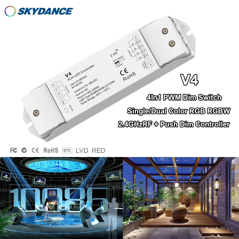 

DC12-48V V4 4In1 Single/Dual Color RGB RGBW Constant voltage 2.4G+ Push Dim 0 -100% PWM Switch Controller for LED Light strip