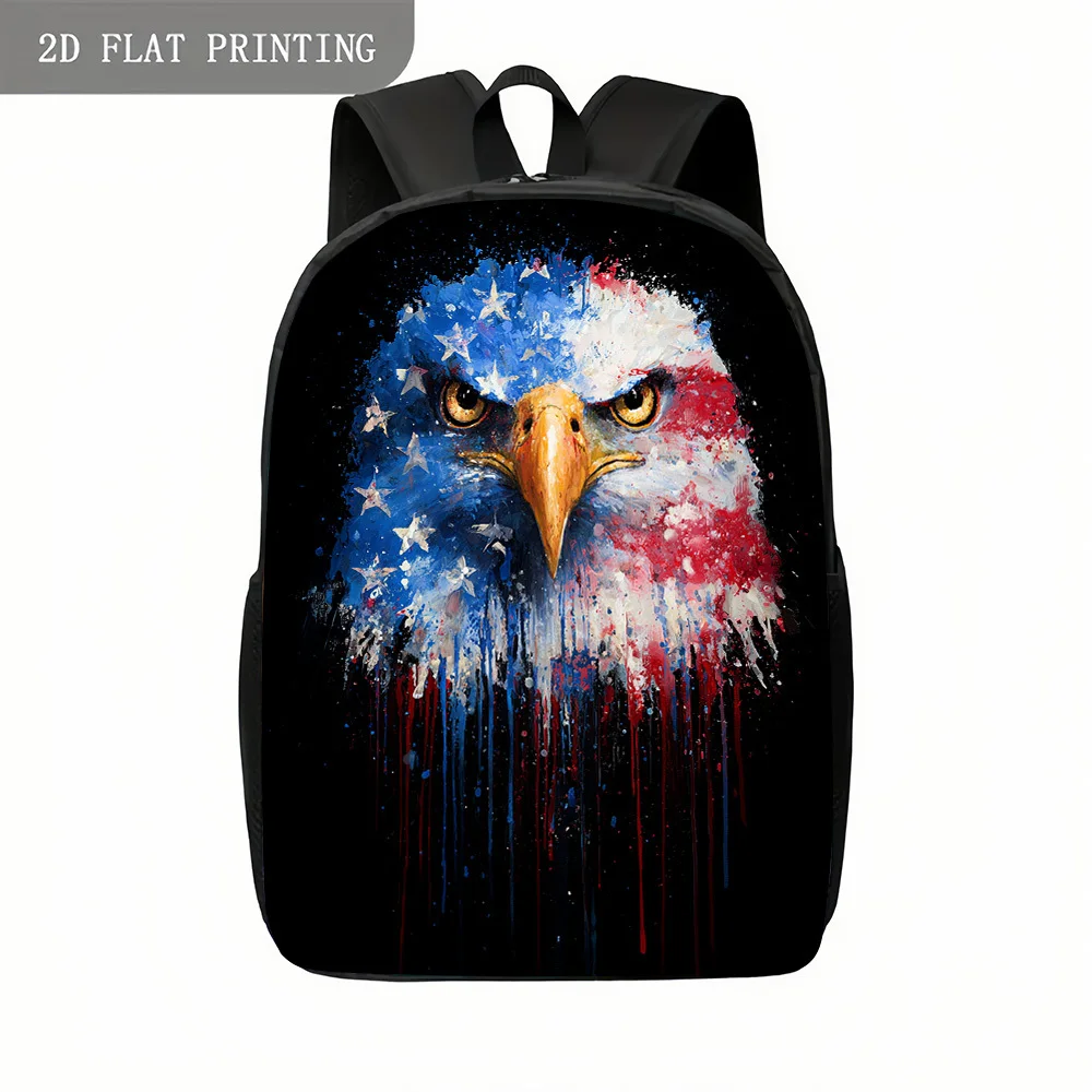 

1 Eagle and American Flag Ink Splash Backpack - Domineering Bald Eagle Head with Flag Pattern Design, Cute Campus Bag