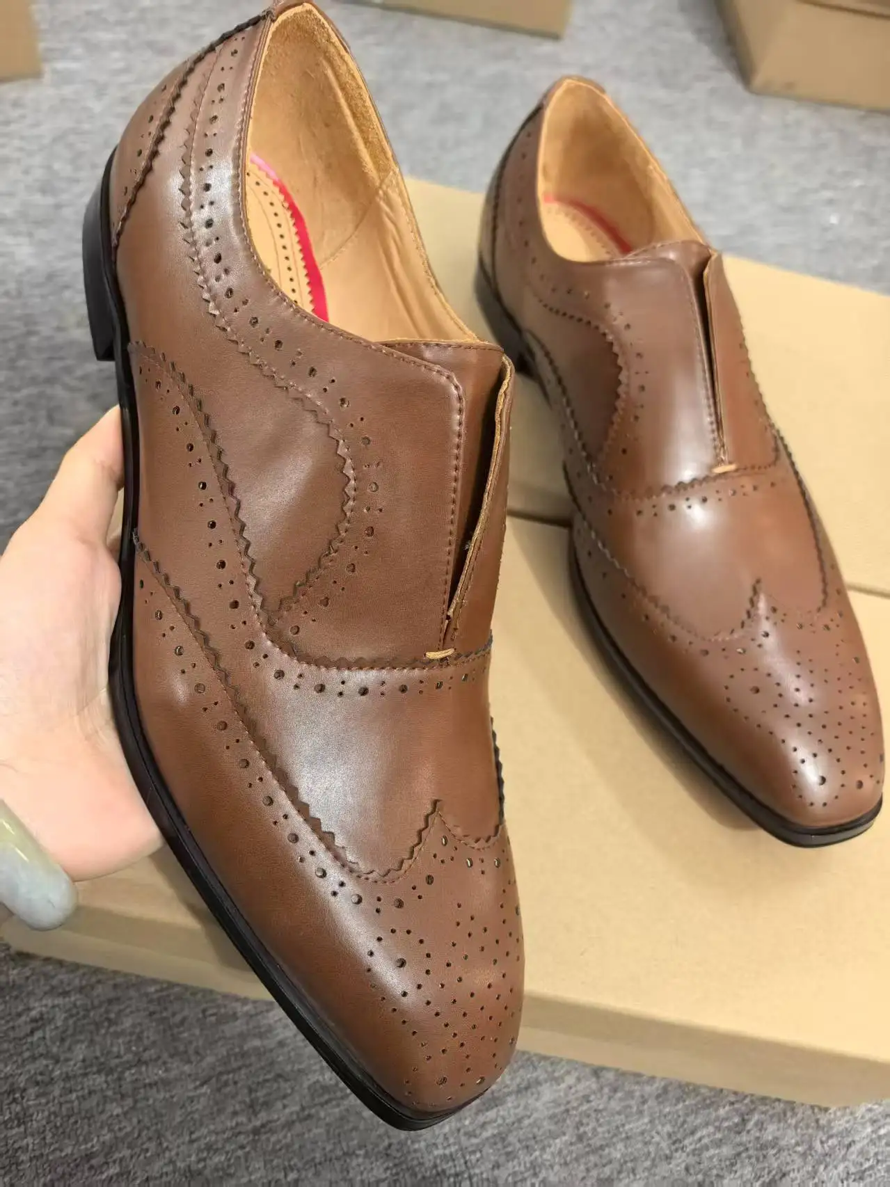 Business Style New Brown Leather Breathable Holes Single Shoes For Men Square Toe Slip On Red Sole Zapatos Para 40-48 Large Size