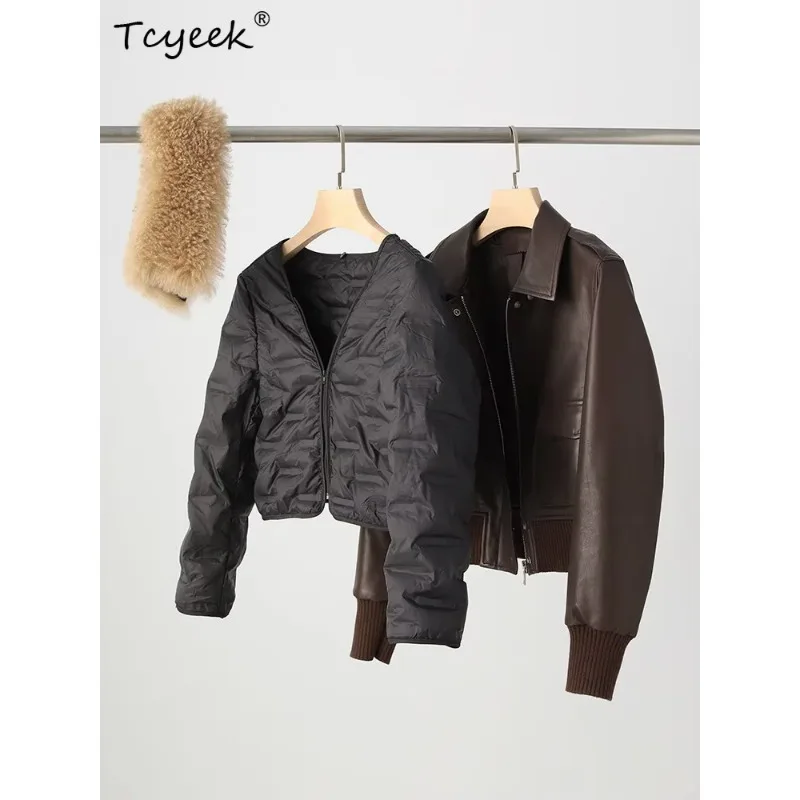Tcyeek 100% Sheepskin Real Leather Jacket Women Cashmere Collar Winter Clothes 90% White Goose Down Liner Detachable Coat Woman