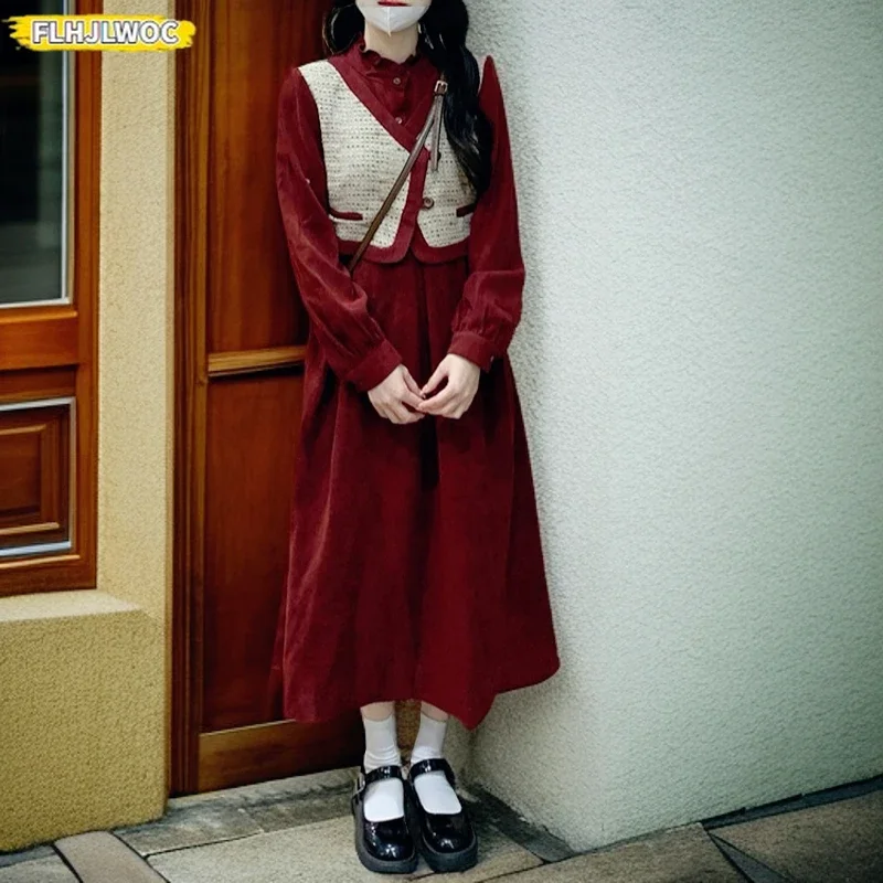 

New Year Art Mori Girls Long Dress Autumn Winter Retro Vintage Japan Style Cute Sweet Y2K Fake Two Piece Design Corduroy Dress