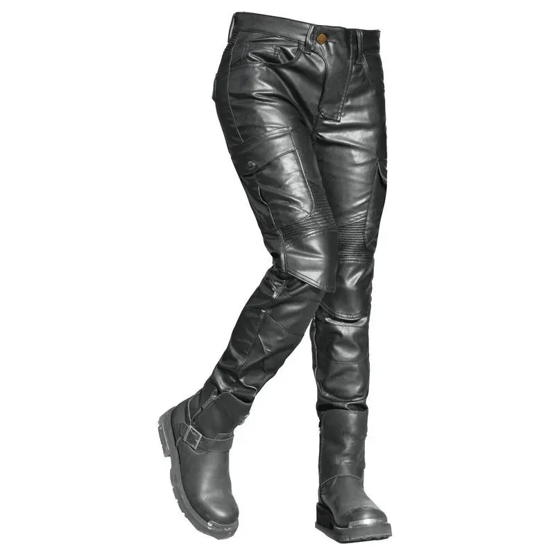 VOLERO Motorcycle Female Motorcycle Pants Multi-Bag Pants Tooling Locomotive Anti-Drop Pants, Coated Waterproof Leather Pants